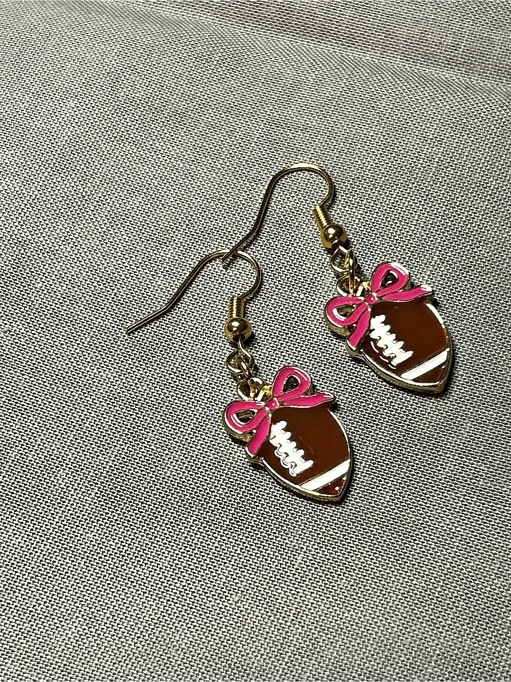 Handcrafted Football Bow Dangle Earrings in Brown & Pink